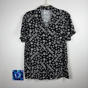The Goonies Mens Medium Black Logo Button Down Short Sleeve Camp Shirt Rayon